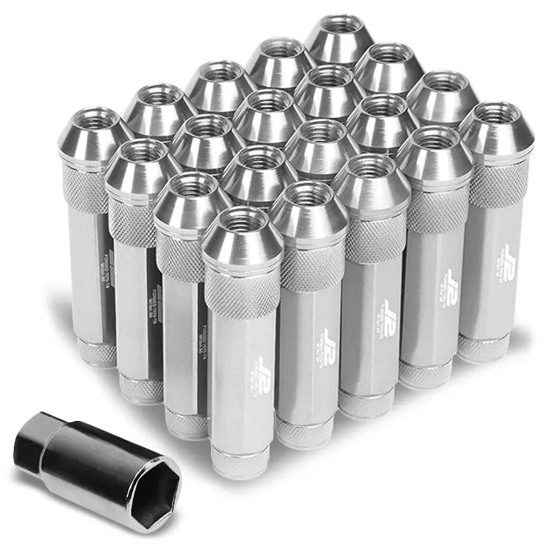 20Pcs J2 Engineering Forged Aluminum Silver Lug Nut [Open Double Knurled End Acorn T7-027] [Conical Seat / M12 X 1.50] 1