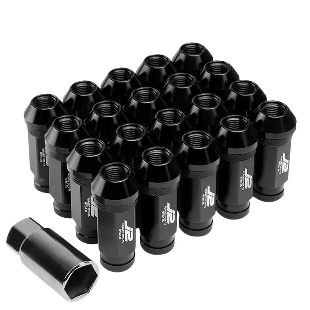 20Pcs J2 Engineering Forged Aluminum Black Lug Nut [Open Knurled End Acorn T7-028] [Conical Seat / M12 X 1.25] 1
