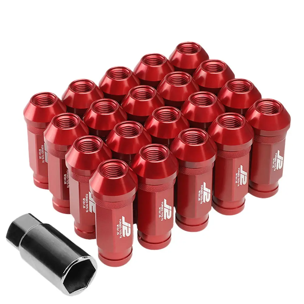 20Pcs J2 Engineering Forged Aluminum Red Lug Nut [Open Knurled End Acorn T7-028] [Conical Seat / M12 X 1.25] 1