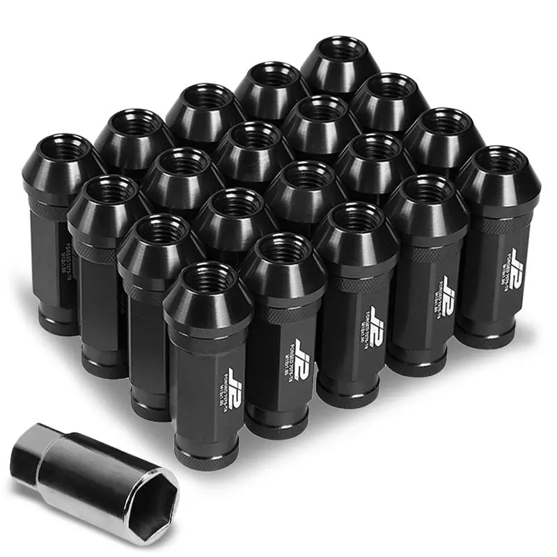 20Pcs J2 Engineering Forged Aluminum Black Lug Nut [Open Knurled End Acorn T7-028] [Conical Seat / M12 X 1.50] 1