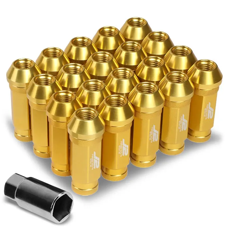 20Pcs J2 Engineering Forged Aluminum Gold Lug Nut [Open Knurled End Acorn T7-028] [Conical Seat / M12 X 1.50] 1