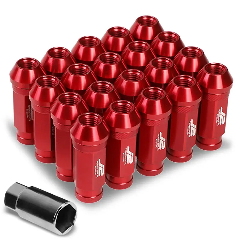 20Pcs J2 Engineering Forged Aluminum Red Lug Nut [Open Knurled End Acorn T7-028] [Conical Seat / M12 X 1.50] 1