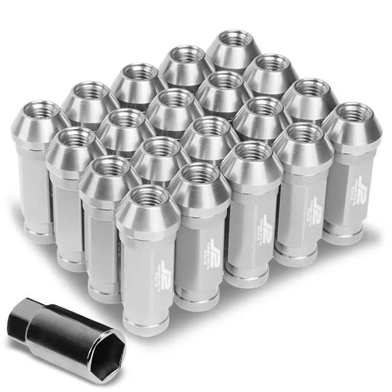 20Pcs J2 Engineering Forged Aluminum Silver Lug Nut [Open Knurled End Acorn T7-028] [Conical Seat / M12 X 1.50] 1