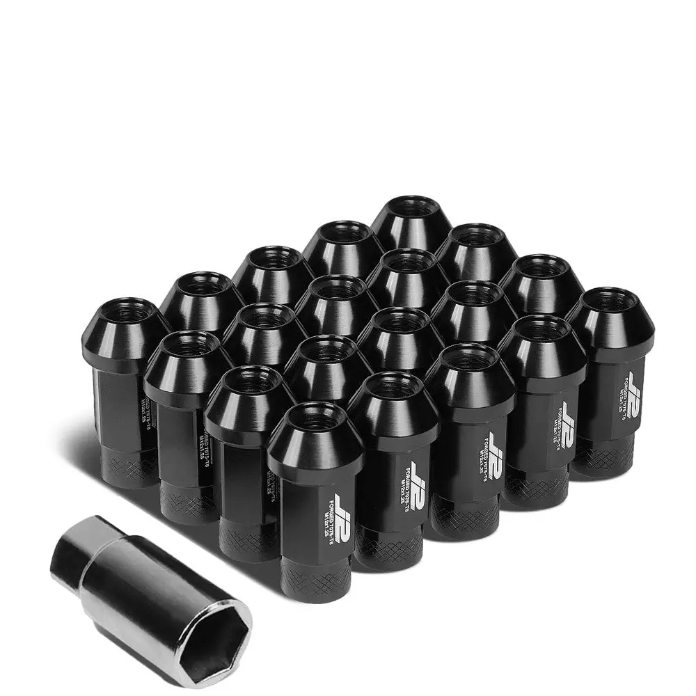 20Pcs J2 Engineering Forged Aluminum Black Lug Nut [Open Knurled End Acorn T7-034] [Conical Seat / M12 X 1.25] 1