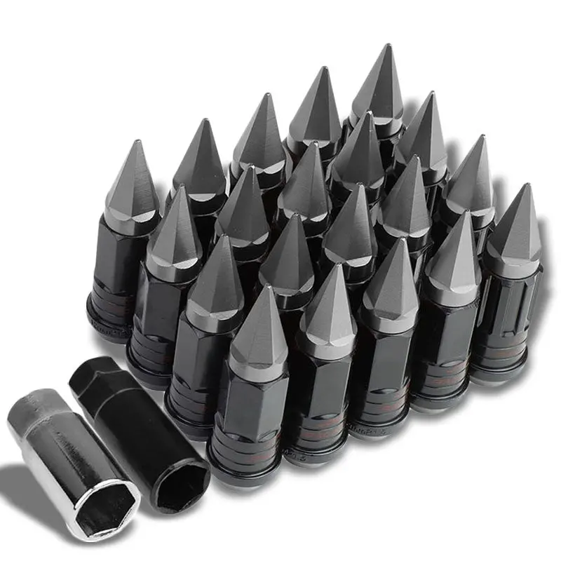 20Pcs Universal Aluminum Gunmetal Lug Nut [Open End Acorn Lock W/ Spike Cap Ty32] [Conical Seat / M12 X 1.50] 1
