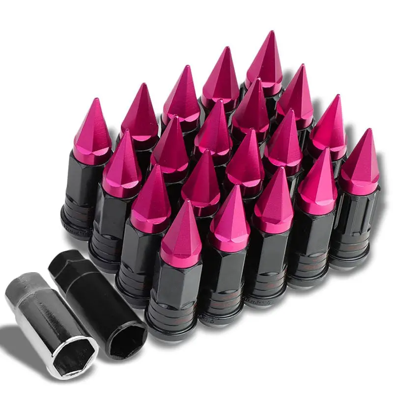 20Pcs Universal Aluminum Pink Lug Nut [Open End Acorn Lock W/ Spike Cap Ty32] [Conical Seat / M12 X 1.50] 1