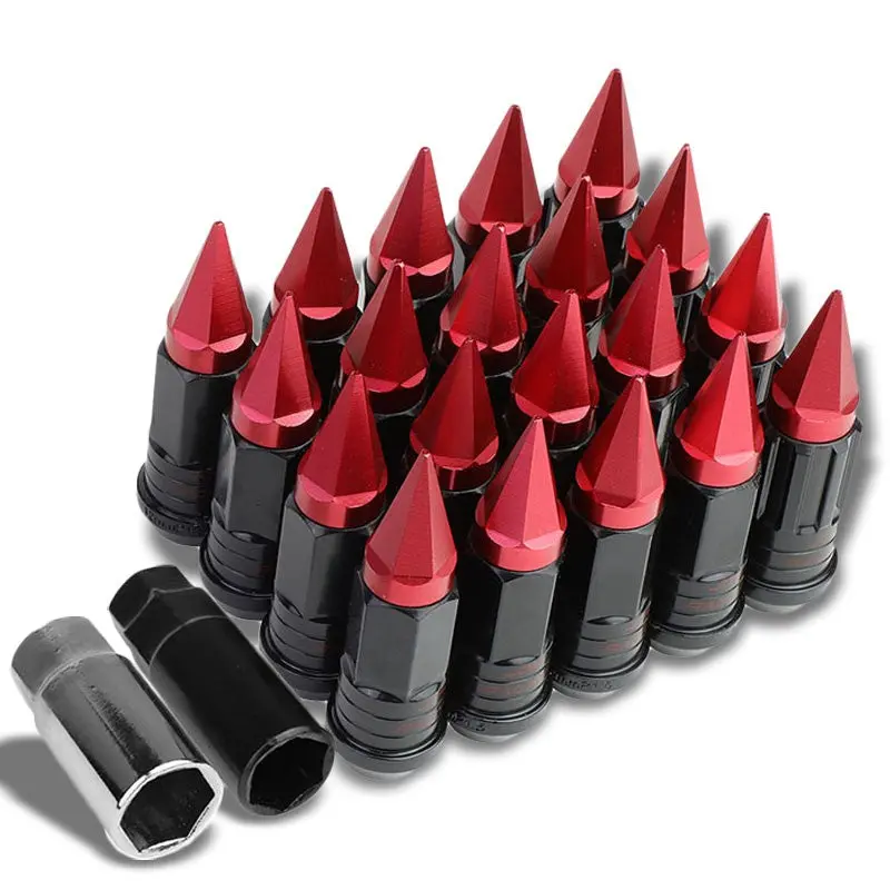 20Pcs Universal Aluminum Red Lug Nut [Open End Acorn Lock W/ Spike Cap Ty32] [Conical Seat / M12 X 1.50] 1
