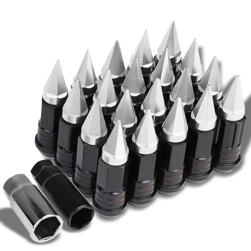 20Pcs Universal Aluminum Silver Lug Nut [Open End Acorn Lock W/ Spike Cap Ty32] [Conical Seat / M12 X 1.50] 1