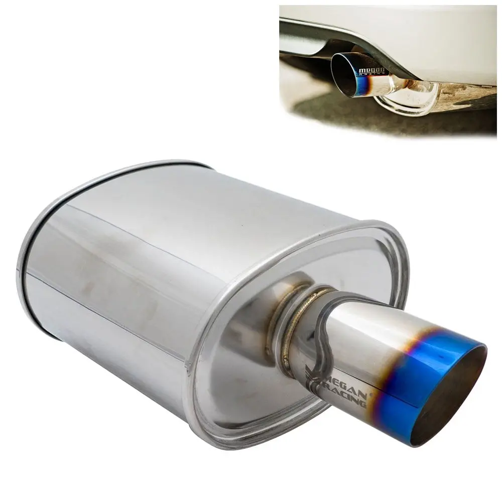 Megan Racing Universal Muffler 3.5" Tip/3" Inlet Silver Chrome Rolled Blue Tip 1