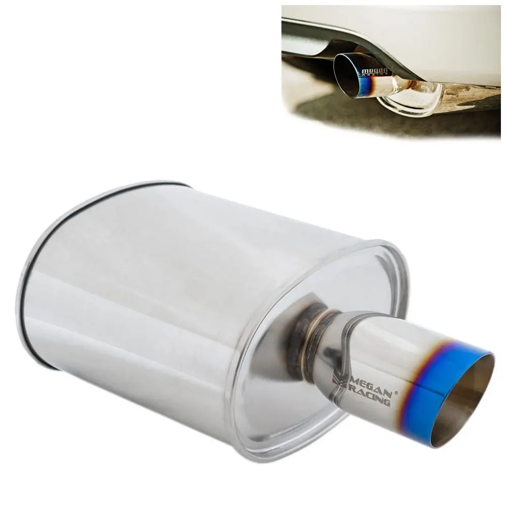 Megan Racing Universal Muffler 3.5" Tip/2.4" Inlet Silver Chrome Rolled Blue Tip 1