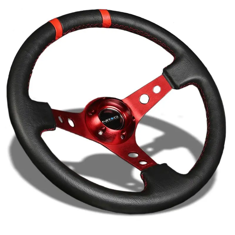 Red Round Holes/Stitch/Stripe 350Mm 3" Deep Rst-016R-Rd Nrg Steering Wheel+Horn 1