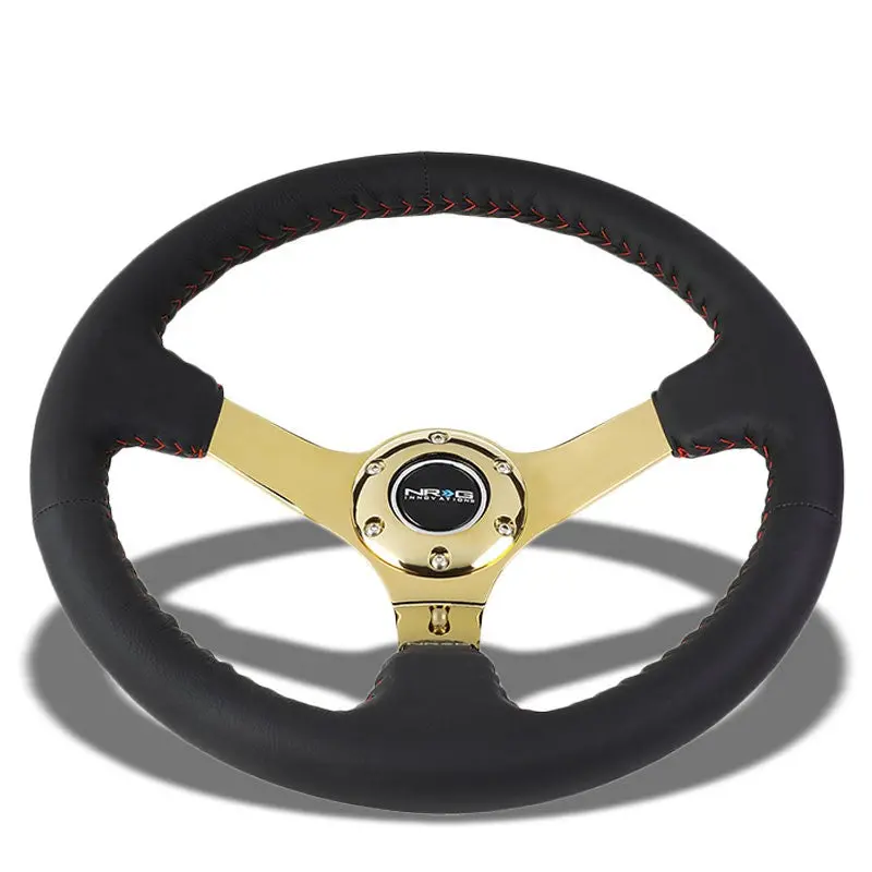 Nrg Black Leather/Gold Spokes Deep Dish 6-Bolt 350Mm Steering Wheel+Horn Button 1
