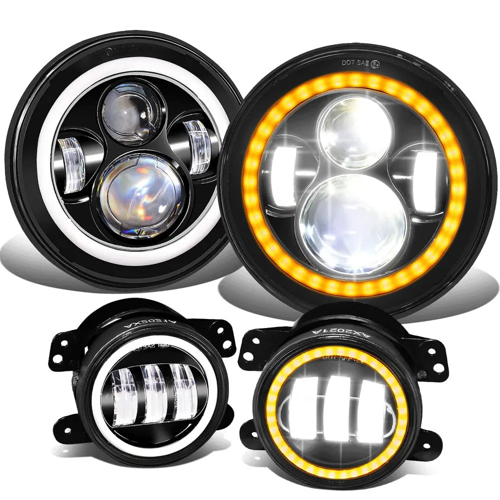White Amber Halo Led Drl Projector Headlight+Fog Light For 18 Wrangler Jk 1