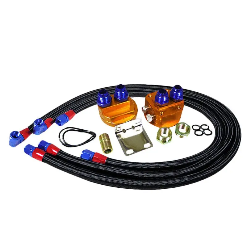 Aluminum Oil Filter+Fuel Cooler Relocation Kit+Fitting+3 Black Braided Line 1