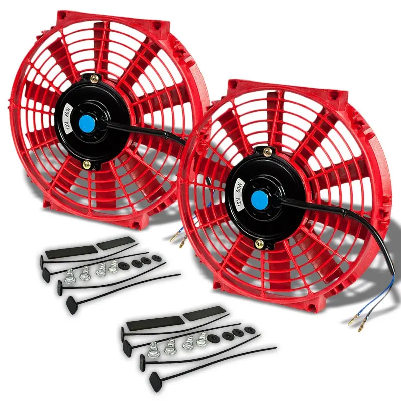 2X Universal 10" Slim Red Pull/Push Electric Radiator Engine Bay Cooling Fan 1