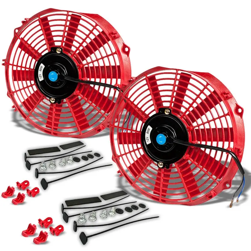 2X Universal 12" Slim Red Reversible Electric Electric Radiator Cooling Fan 1