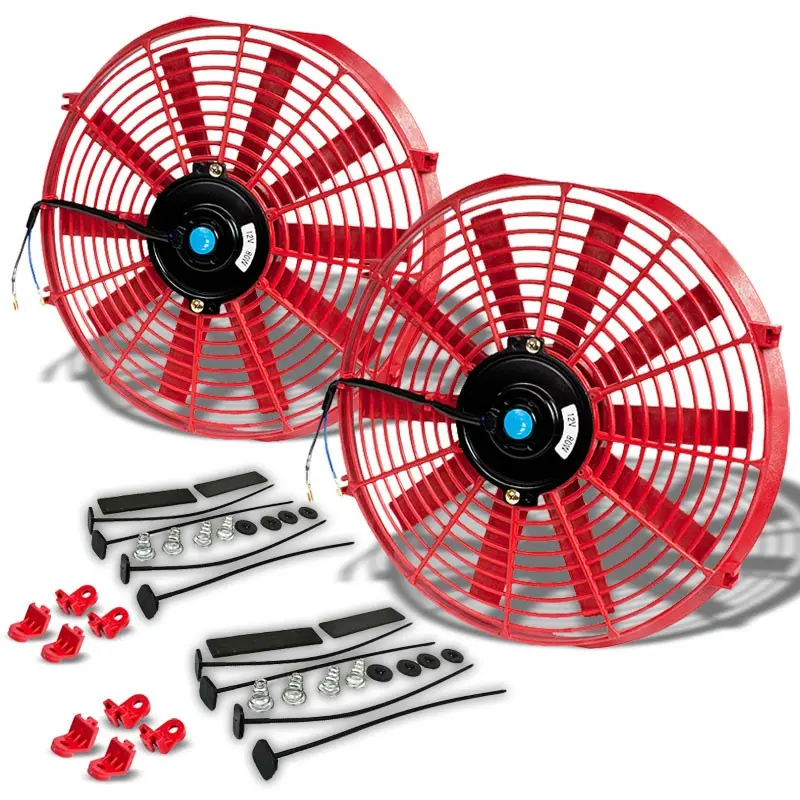 2X Universal 14" Slim Red Pull/Push Electric Radiator Engine Bay Cooling Fan 1