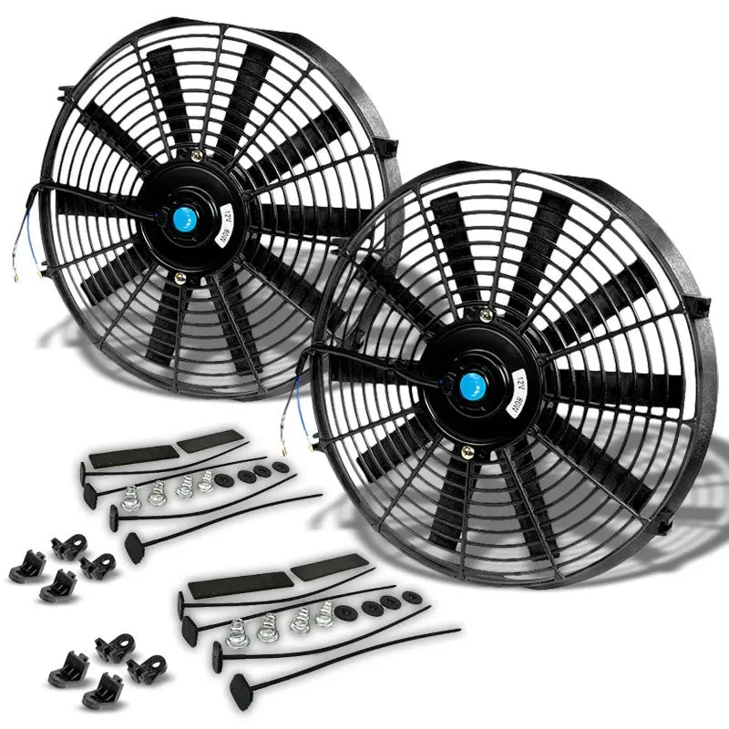 2X Universal 16" Black Slim Engine Bay Radiator Motor Cooling Fan+Fan Mounting 1