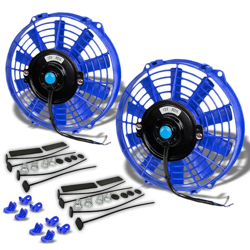 2X Universal 9" Blue Slim Electric Radiator Motor Cooling Fan+ Front Mounting 1