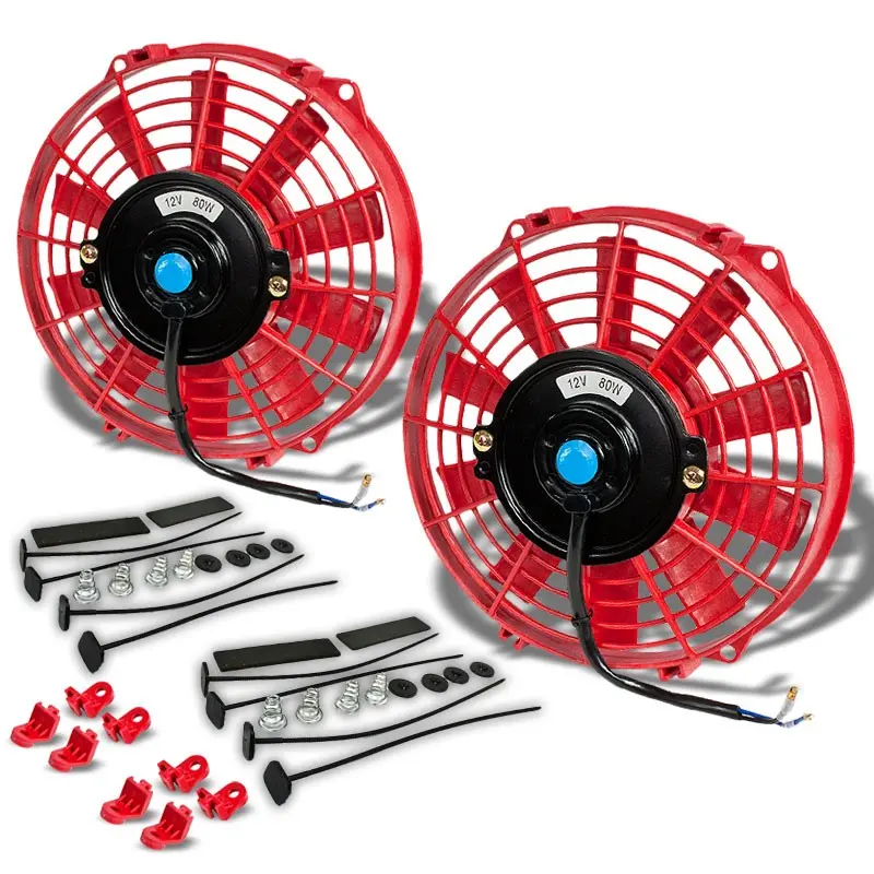 2X Universal 9" Red Slim Pull/Push Electric Radiator Motor Cooling Fan+Mounting 1