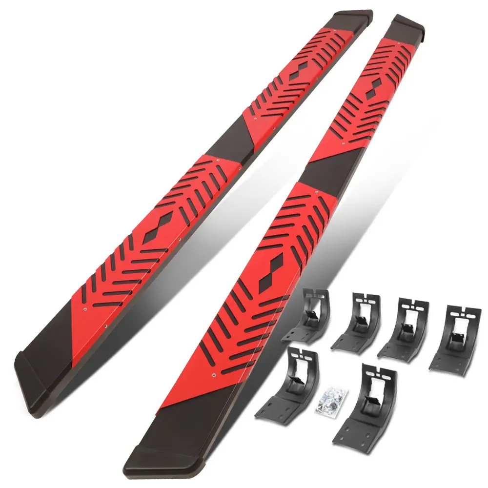 (Flat Board Steel Pad Black/Red) Running Board Nerf Bar For 09-18 Ram 1500/19+ Ram 1500 Classic [Extended Cab] 1