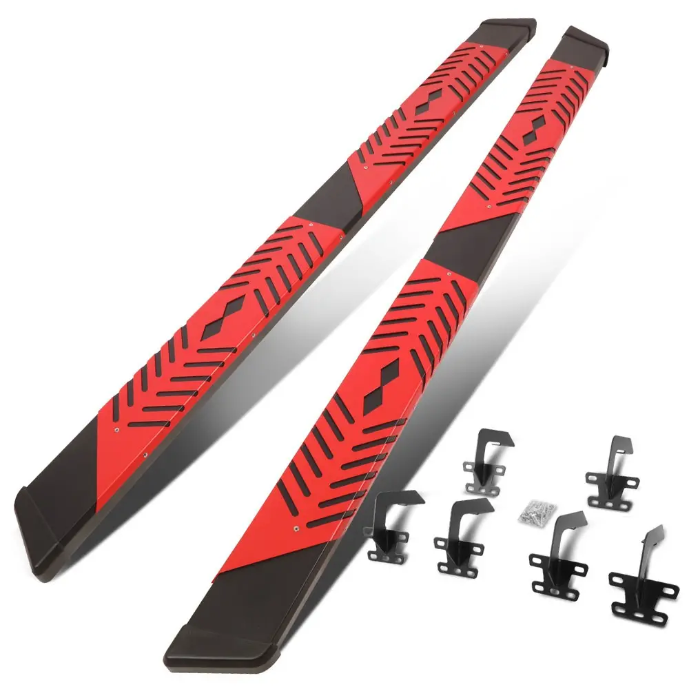 (Flat Board Steel Pad Black/Red) Running Board Nerf Bar For 19+ Ram 1500 (Dt 5Th Gen) [Crew Cab] 1