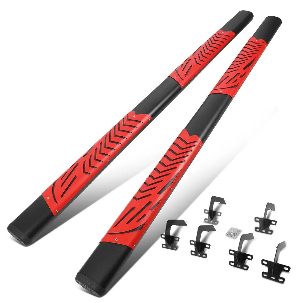 (Oval Steel Step Pad Black/Red) Running Board Nerf Bar For 19+ Ram 1500 (Dt 5Th Gen) [Extended Cab] 1