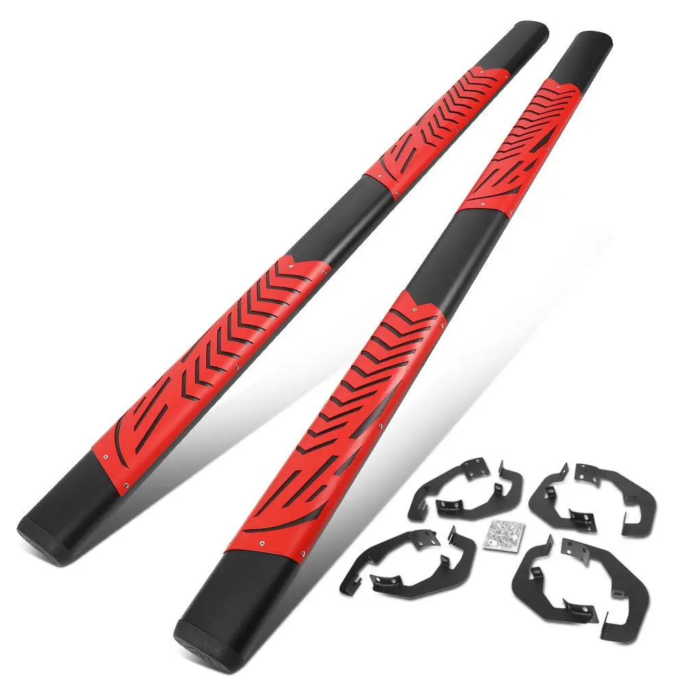 (Oval Steel Step Pad Black/Red) Running Board Nerf Bar For 07-18 Silverado Sierra 1500/07-19 2500 3500 Hd [Crew Cab] 1