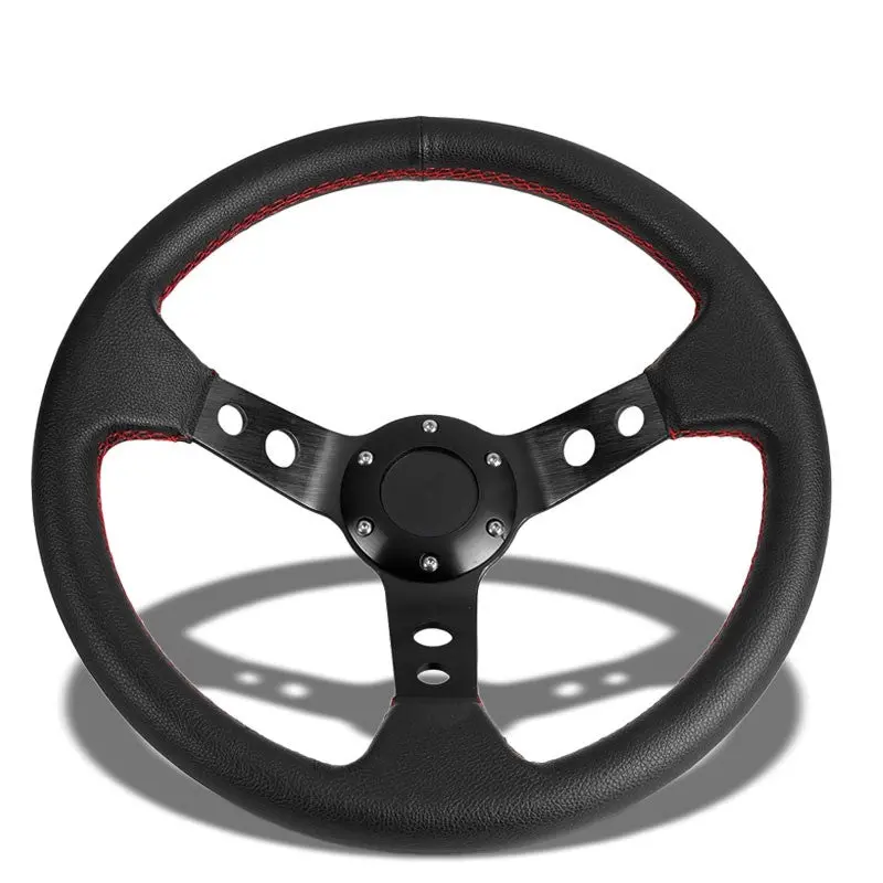 Black Leather/Round Holes Spokes 350Mm 3.00" Deep Steering Wheel+Horn Button 1