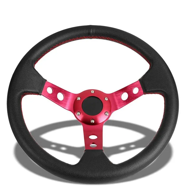 Black Leather/Red Round Holes Spokes 350Mm 3.00" Deep Steering Wheel+Horn Button 1