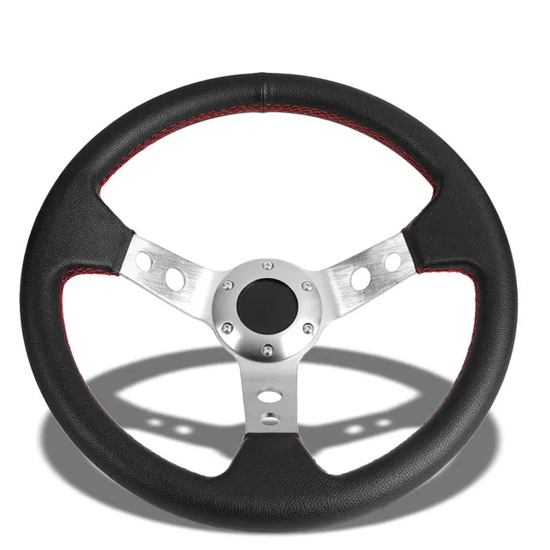 Black Leather/Silver Spokes 350Mm 3.00" Deep Dish Steering Wheel+Horn Button 1