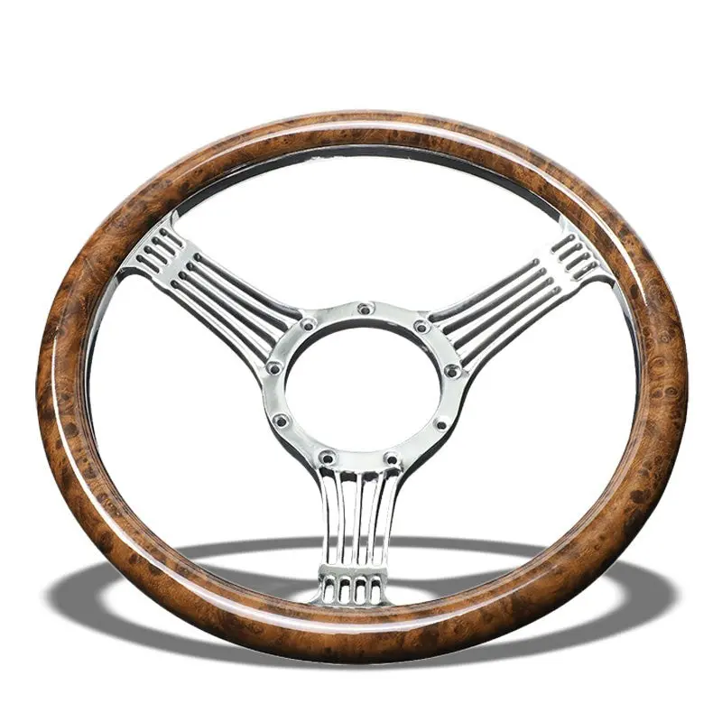 Brown Wood Grain/Chrome Banjo String Spokes 340Mm 2.25" Deep Dish Steering Wheel 1