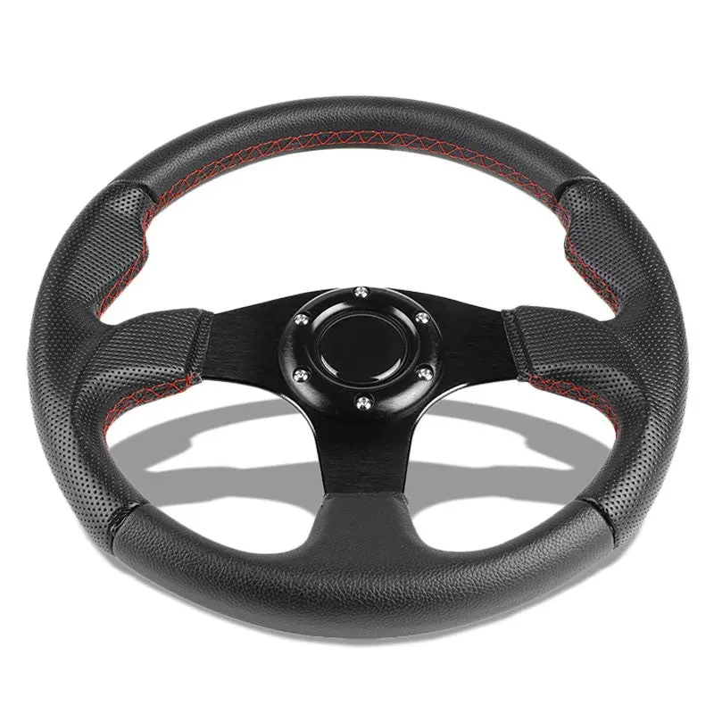 Black Leather Thumb Grip/Spokes/Red Stitch 320Mm Steering Wheel+Horn Button 1