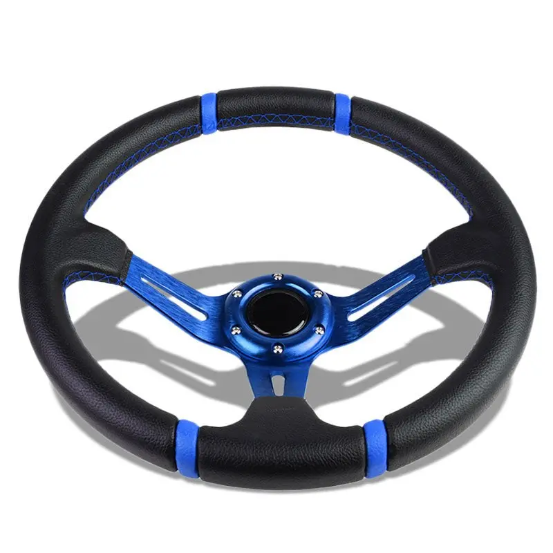 Black Leather/Blue Quad-Stripe 350Mm 3.50" Deep Dish Steering Wheel+Horn Button 1