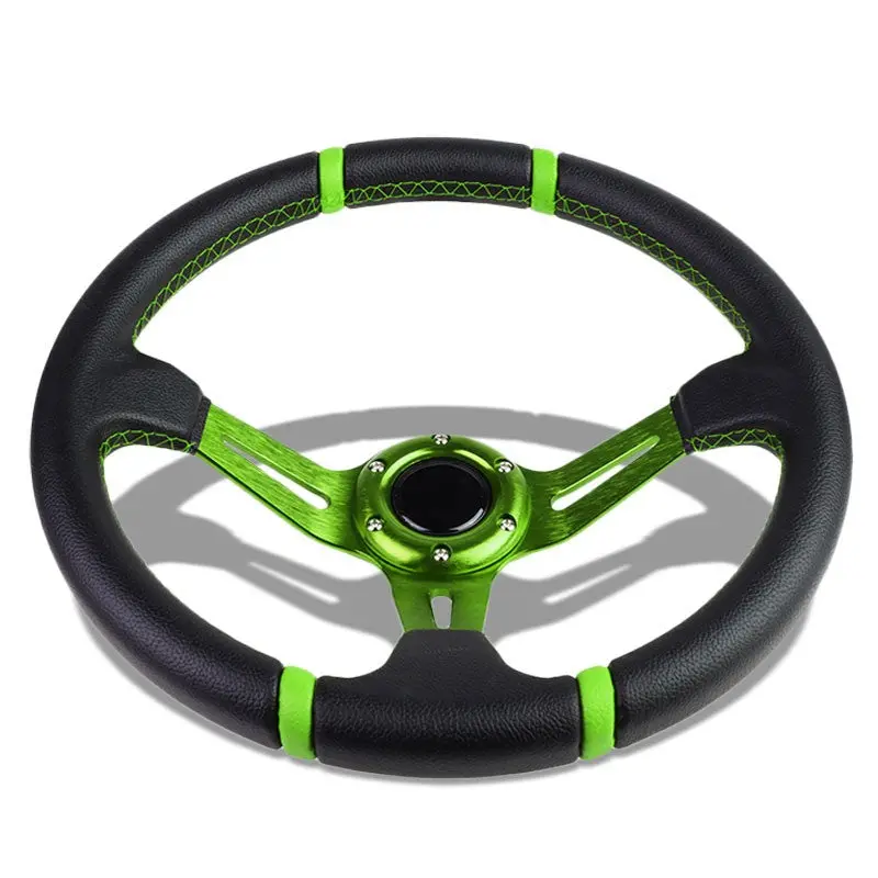 Black Leather/Green Quad-Stripe 350Mm 3.50" Deep Dish Steering Wheel+Horn Button 1