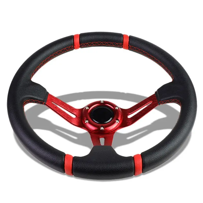 Black Leather/Red Quad-Stripe 350Mm 3.50" Deep Dish Steering Wheel+Horn Button 1