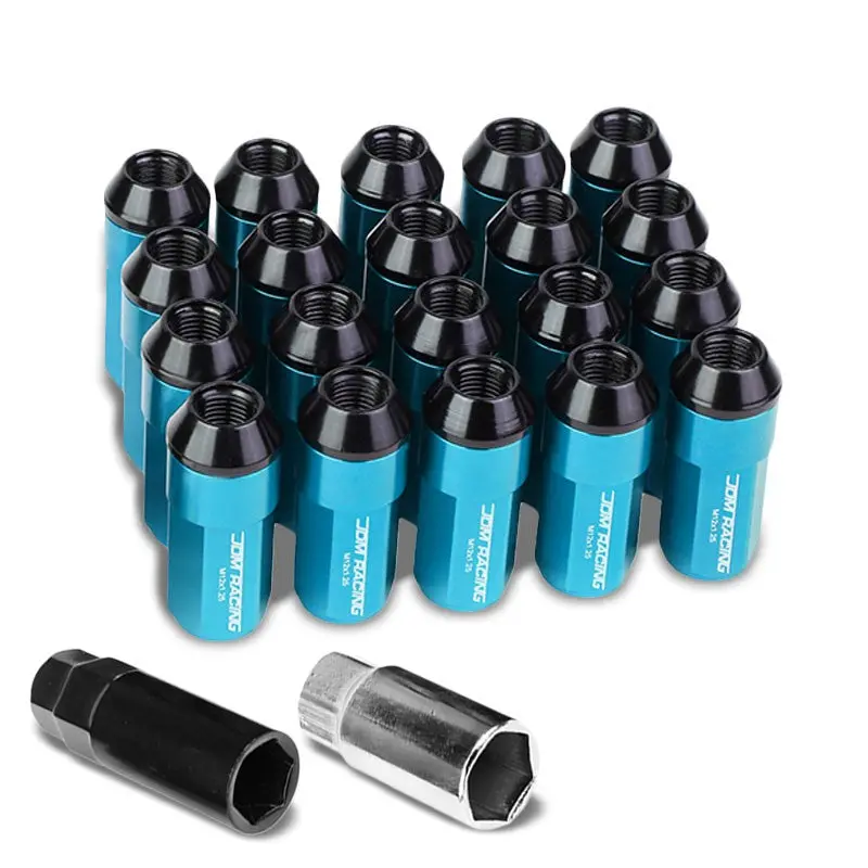 20Pcs Universal Aluminum Light Blue Lug Nut [Dual Thread Acorn Ty27] [Conical Seat / M12 X 1.25] 1