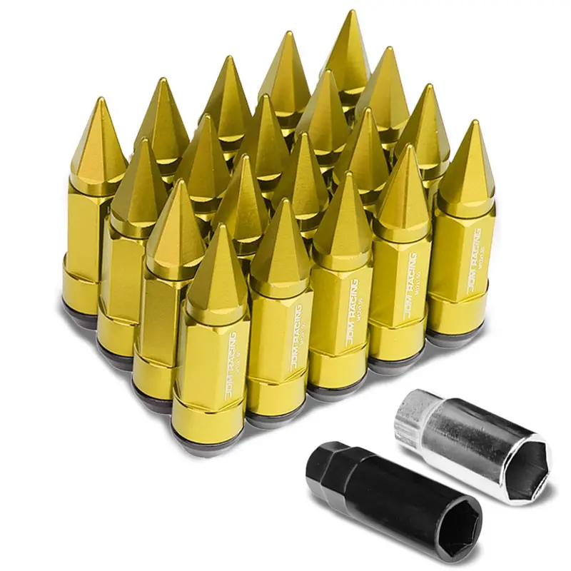 20Pcs Universal Aluminum Gold Lug Nut [Dual Thread Acorn W/ Spike Cap Ty28] [Conical Seat / M12 X 1.50] 1