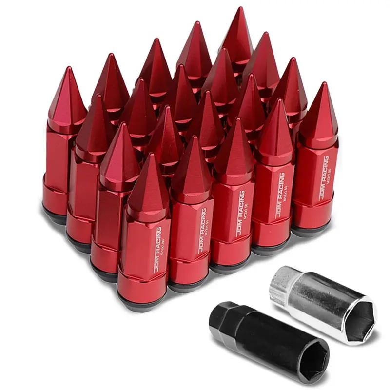 20Pcs Universal Aluminum Red Lug Nut [Dual Thread Acorn W/ Spike Cap Ty28] [Conical Seat / M12 X 1.50] 1