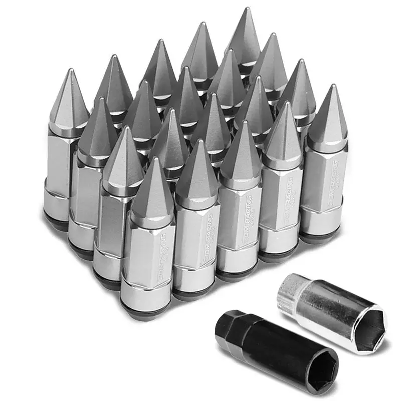 20Pcs Universal Aluminum Silver Lug Nut [Dual Thread Acorn W/ Spike Cap Ty28] [Conical Seat / M12 X 1.50] 1