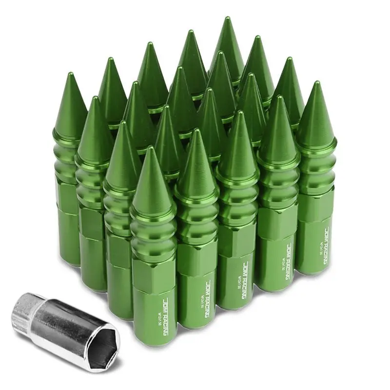 20Pcs Universal Aluminum Green Lug Nut [Open End Acorn W/ Spike Cap Ty29] [Conical Seat / M12 X 1.50] 1