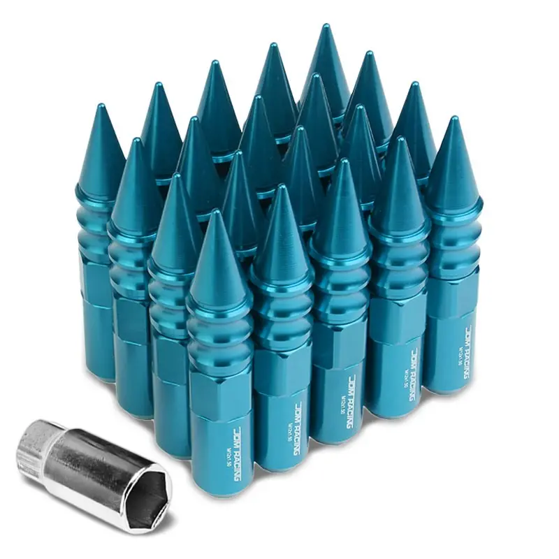 20Pcs Universal Aluminum Light Blue Lug Nut [Open End Acorn W/ Spike Cap Ty29] [Conical Seat / M12 X 1.50] 1