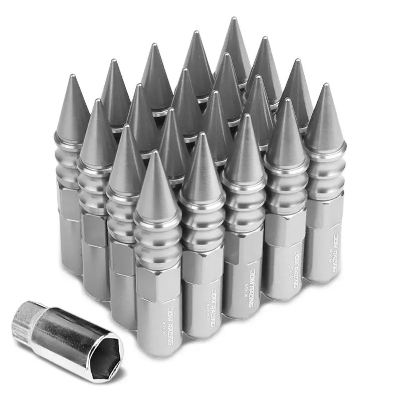 20Pcs Universal Aluminum Silver Lug Nut [Open End Acorn W/ Spike Cap Ty29] [Conical Seat / M12 X 1.50] 1