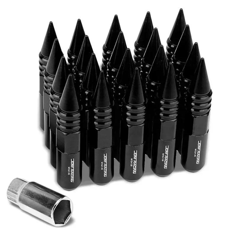 20Pcs Universal Aluminum Black Lug Nut [Open End Acorn W/ Spike Cap Ty30] [Conical Seat / M12 X 1.50] 1