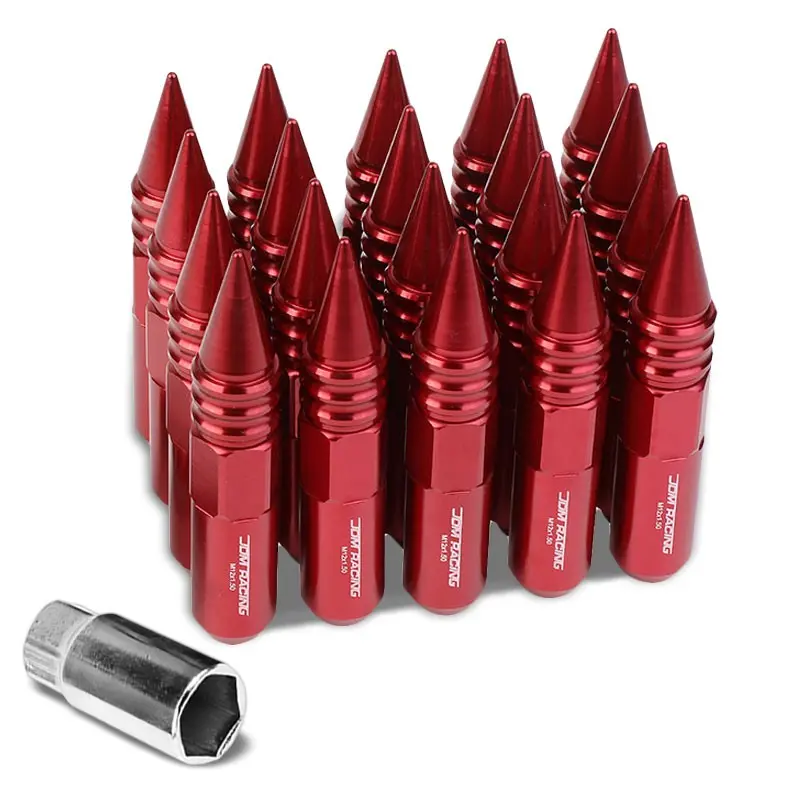 20Pcs Universal Aluminum Red Lug Nut [Open End Acorn W/ Spike Cap Ty30] [Conical Seat / M12 X 1.50] 1