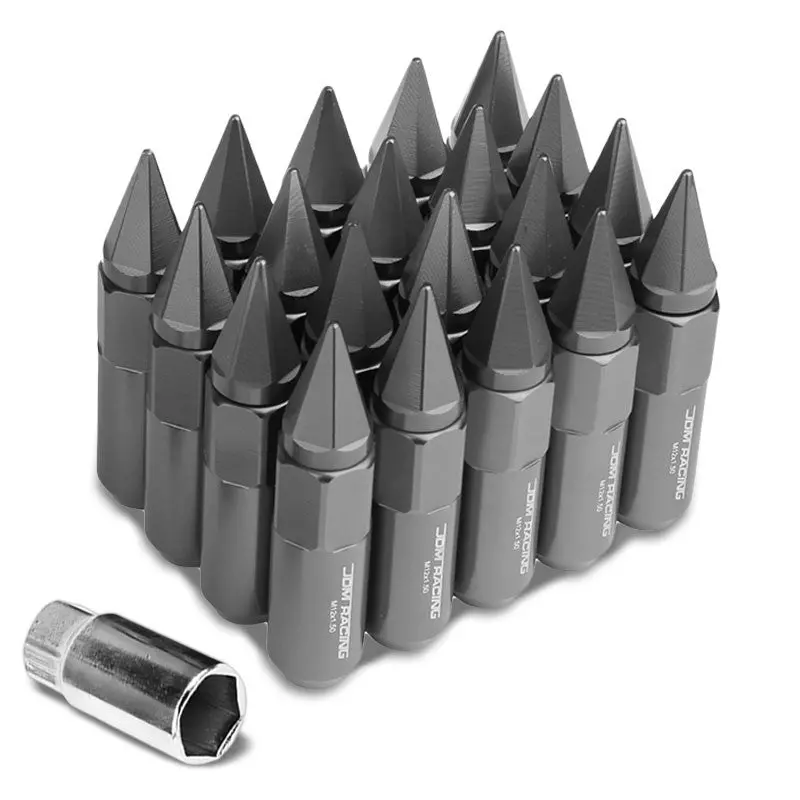 20Pcs Universal Aluminum Gunmetal Lug Nut [Open End Acorn W/ Spike Cap Ty31] [Conical Seat / M12 X 1.50] 1