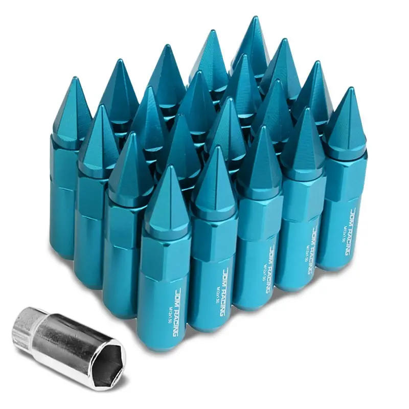 20Pcs Universal Aluminum Light Blue Lug Nut [Open End Acorn W/ Spike Cap Ty31] [Conical Seat / M12 X 1.50] 1