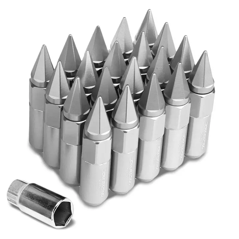 20Pcs Universal Aluminum Silver Lug Nut [Open End Acorn W/ Spike Cap Ty31] [Conical Seat / M12 X 1.50] 1