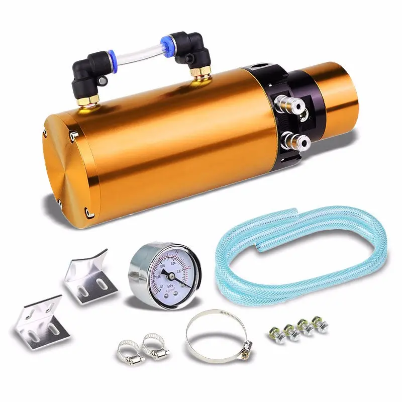 Orange 7"X2.5"Dia Aluminum Round Breather Oil Catch Tank Can+Pressure Gauge 1