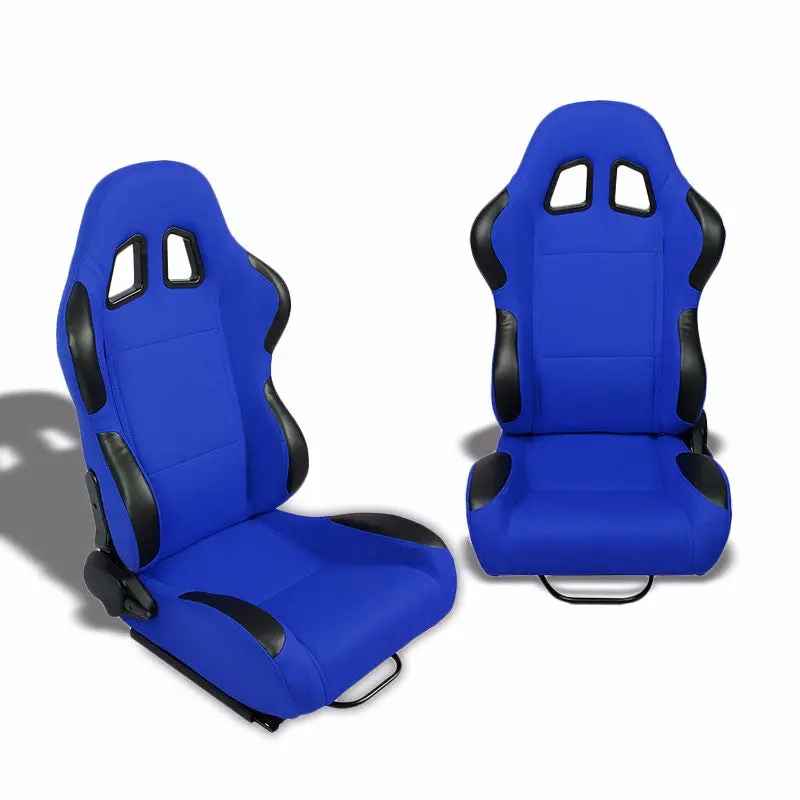 Pair Blue/Black Side Reclinable Woven Fabric Type-R Style Racing Seats W/Sliders 1